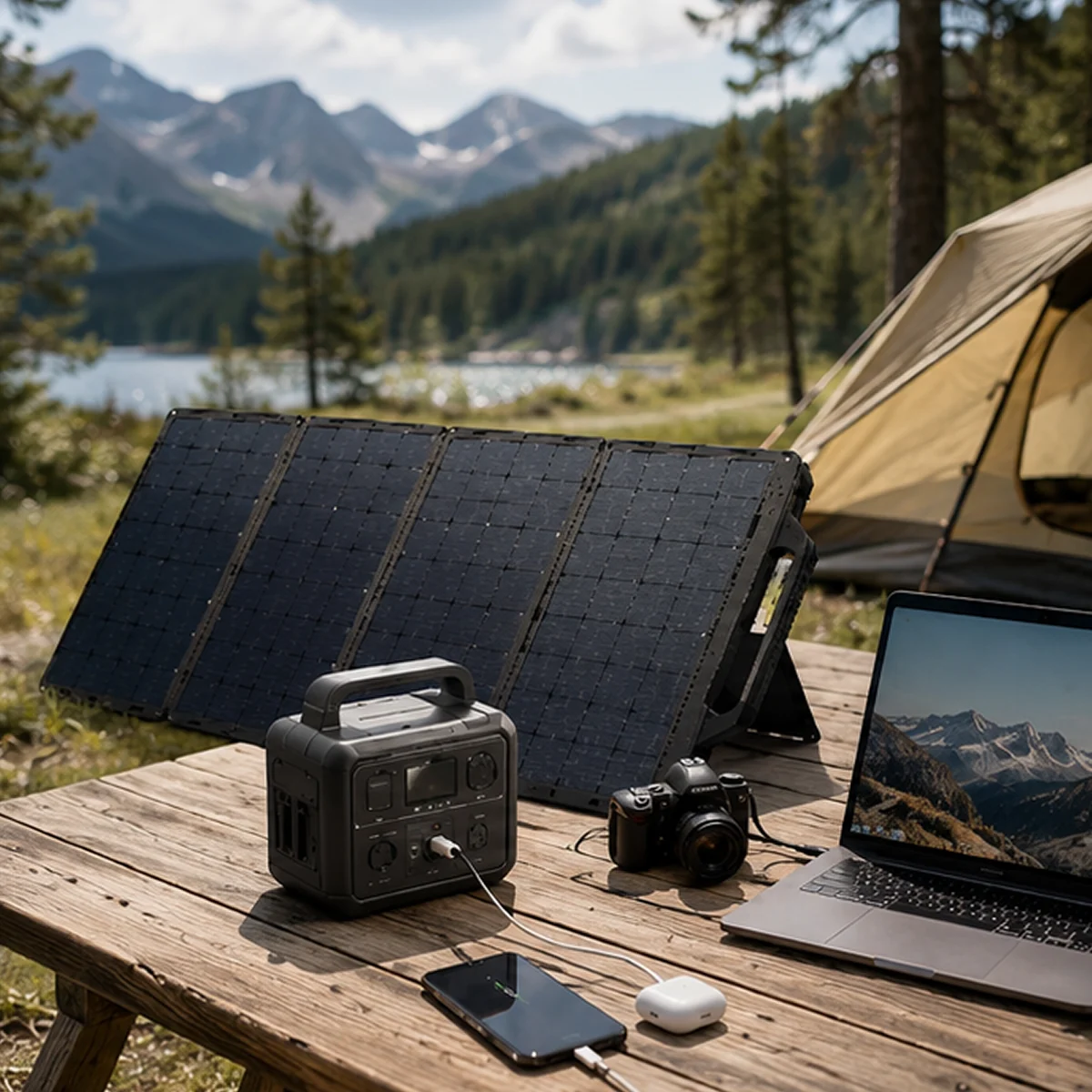 The kit powering devices at a campsite