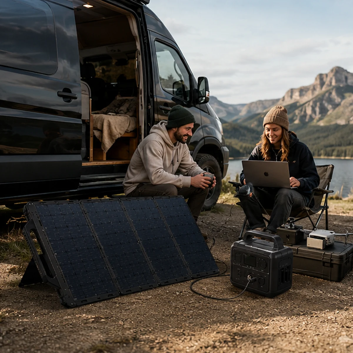 The charger in use beside a camper van